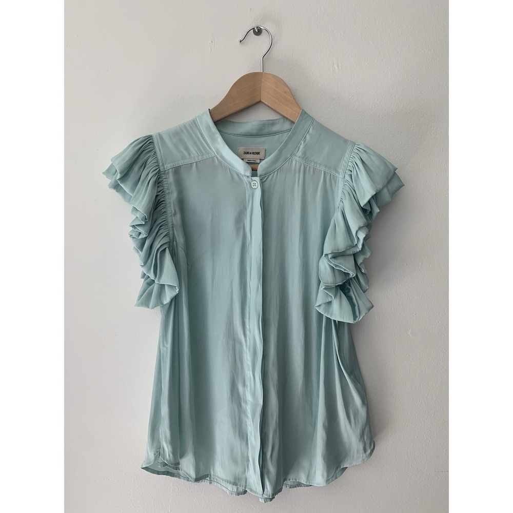 Zadig & Voltaire Tiza Satin Top Sz M Celadon Ruffle Sleeve Sea Foam Designer